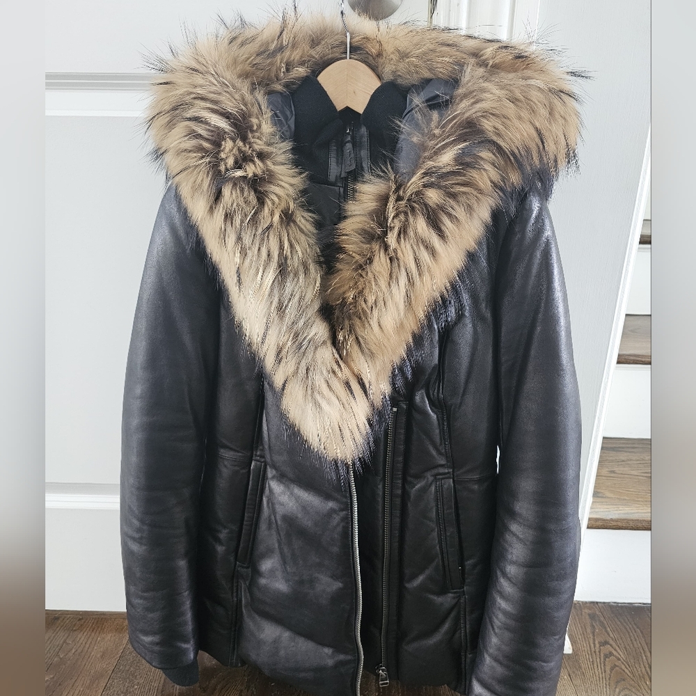 Mackage Runway Lamb Black Leather Jacket with Raccoon Fur Trim - Barely Worn